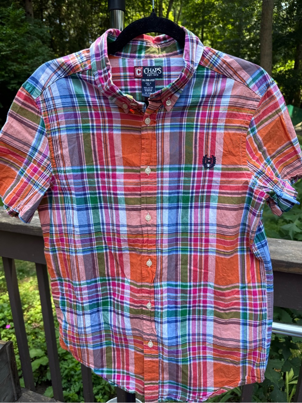 Chaps Boys Orange, Pink & Green Plaid Short-Sleeve Button-Down Shirt